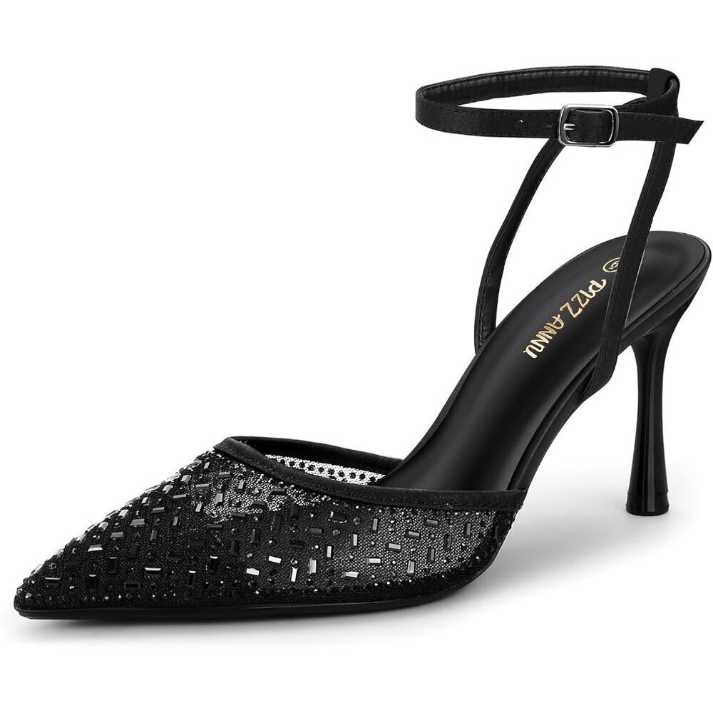 🆕Pizz Annu Women's Black Closed Toe Mesh Sparkly Ankle Strap Cienna High Heels
